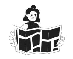 Sad hispanic girl holding map monochromatic flat vector character. Editable half body person do not understand location on map on white. Simple bw cartoon spot image for web graphic design