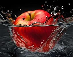 Close up of red apple splash studio shot with looks fresh with dark background. photo