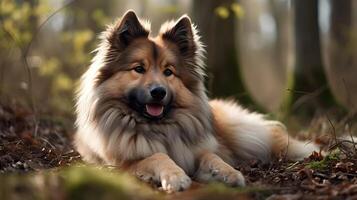 Beautiful long fur brown Icelandic Sheepdog sitting and relax on the forest ground, nature background. AI Generated photo