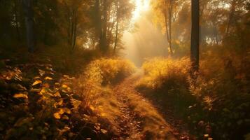 hermosa ruta en a el profundo naturaleza bosque en el otoño estación. árbol y arbusto en el forma. ai generado foto