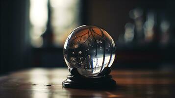 transparente vaso pelota esfera como decoración en un mesa interior. ai generado foto
