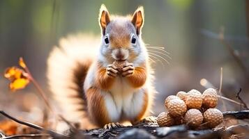 Cute squirrel eating walnuts in the garden. AI generated photo