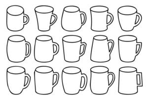 Line art mug set. Collection of different mugs with black thin line. Outline cups, mugs outline illustrations. vector