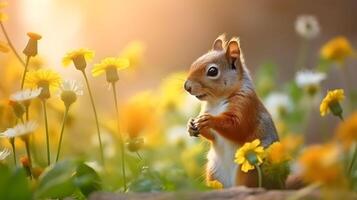 Cute squirrel and beautiful flowers in the garden. AI generated photo