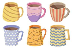 Collection of decorative mug design illustrations. Mug set with drinks and different designs, cute colorful illustrations. vector