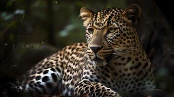 Ferocious carnivore leopard sit and relaxed and stare at something with nature background. AI Generated photo