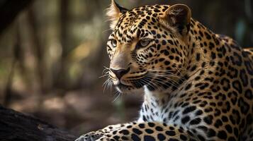 Ferocious carnivore leopard sit and relaxed and stare at something with nature background. photo