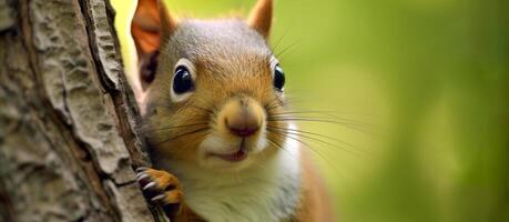 Closeup view of cute squirrel on the tree. photo