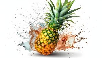 Yellow Pineapple fruit water splash explosion at the back with white background. photo