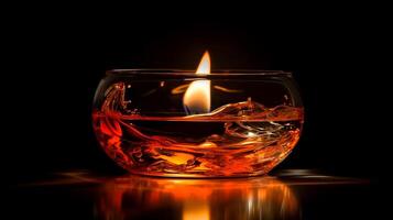 Burning decorative candle in a glass jar, isolated on a black dark background studio shot reflective. AI Generated photo