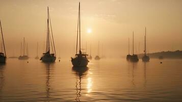 Silhouette of sailboat on calm ocean at sunrise, reflecting peaceful and tranquil atmosphere. AI Generated photo