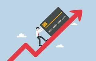 Credit card debt soaring, people struggle to repay, financial instability, economic turmoil concept, Businessman pushing heavy credit card up on red rising graph. vector