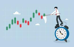 Right time to buy stock, profitable moment in stock or cryptocurrency, investment plan and decision concept, Businessman on alarm clock catching candlestick graph with insect net. vector