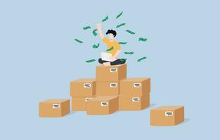 Making money from selling online product, e-commerce entrepreneur, full time job with online business concept, man sitting on pile of shipping boxes with banknote floating around. vector