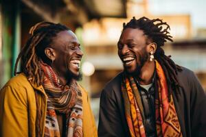 Two black men laughing outside with dreadlocks photo