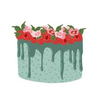 Raspberry mousse cake. Happy birthday party vector element. Flat illustration in cartoon style for sticker, card, invitation