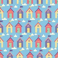 colorful beach huts texture. Coastal Holiday Bungalows, striped cabins background. Small beach house vector seamless pattern