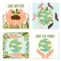 Happy Earth Day Save Nature. Vector eco illustration collection for social media, poster, banner, card, flyer on the theme of saving planet, human hands protect earth