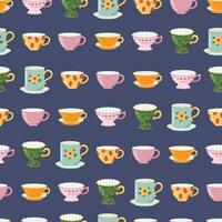 té o café tazas vector sin costura modelo. cerámico vajilla tema. dibujos animados tazas cocina antecedentes