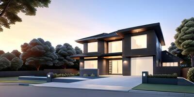A modern house with a driveway in front of it photo