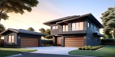 A modern house with a driveway in front of it photo