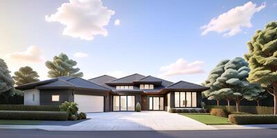 A modern house with a driveway in front of it ai generated photo