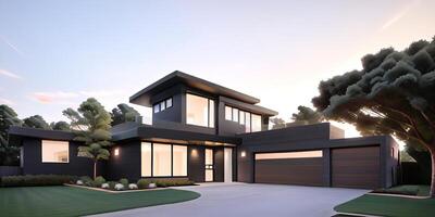 A modern house with a driveway in front of it ai generated photo