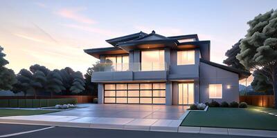 A modern house with a driveway in front of it photo