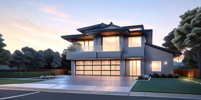 A modern house with a driveway in front of it ai generated photo