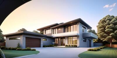 A modern house with a driveway in front of it ai generated photo