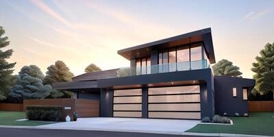 A modern house with a driveway in front of it photo