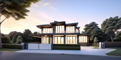 A modern house with a driveway in front of it ai generated photo