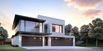 A modern house with a driveway in front of it ai generated photo