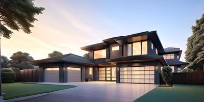 A modern house with a driveway in front of it ai generated photo