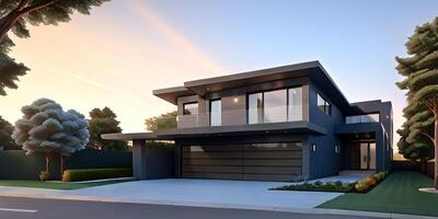 A modern house with a driveway in front of it photo