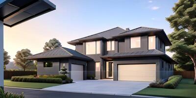 A modern house with a driveway in front of it photo