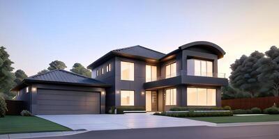 A modern house with a driveway in front of it photo