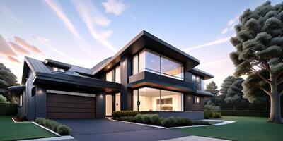 A modern house with a driveway in front of it ai generated photo