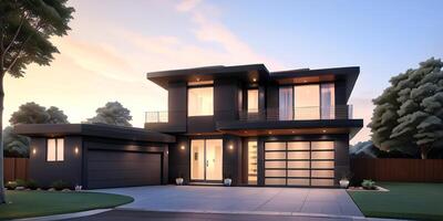 A modern house with a driveway in front of it photo
