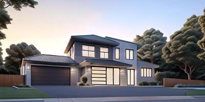 A modern house with a driveway in front of it photo