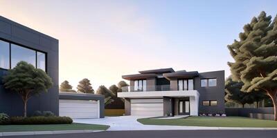 A modern house with a driveway in front of it photo
