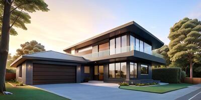 A modern house with a driveway in front of it ai generated photo