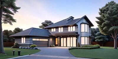 A modern house with a driveway in front of it photo