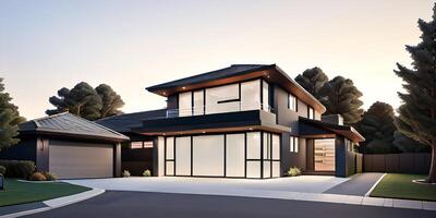 A modern house with a driveway in front of it ai generated photo