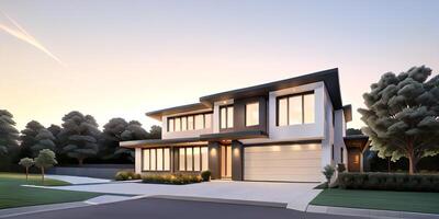 A modern house with a driveway in front of it photo