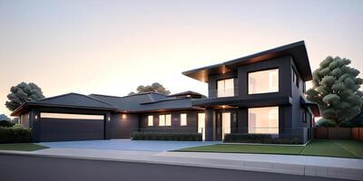 A modern house with a driveway in front of it photo