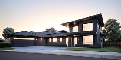 A modern house with a driveway in front of it ai generated photo