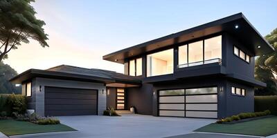 A modern house with a driveway in front of it photo