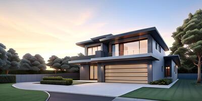 A modern house with a driveway in front of it photo