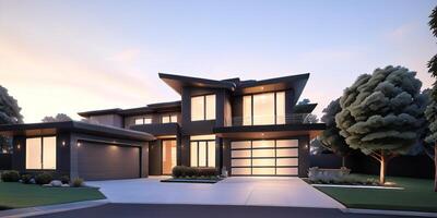 A modern house with a driveway in front of it photo